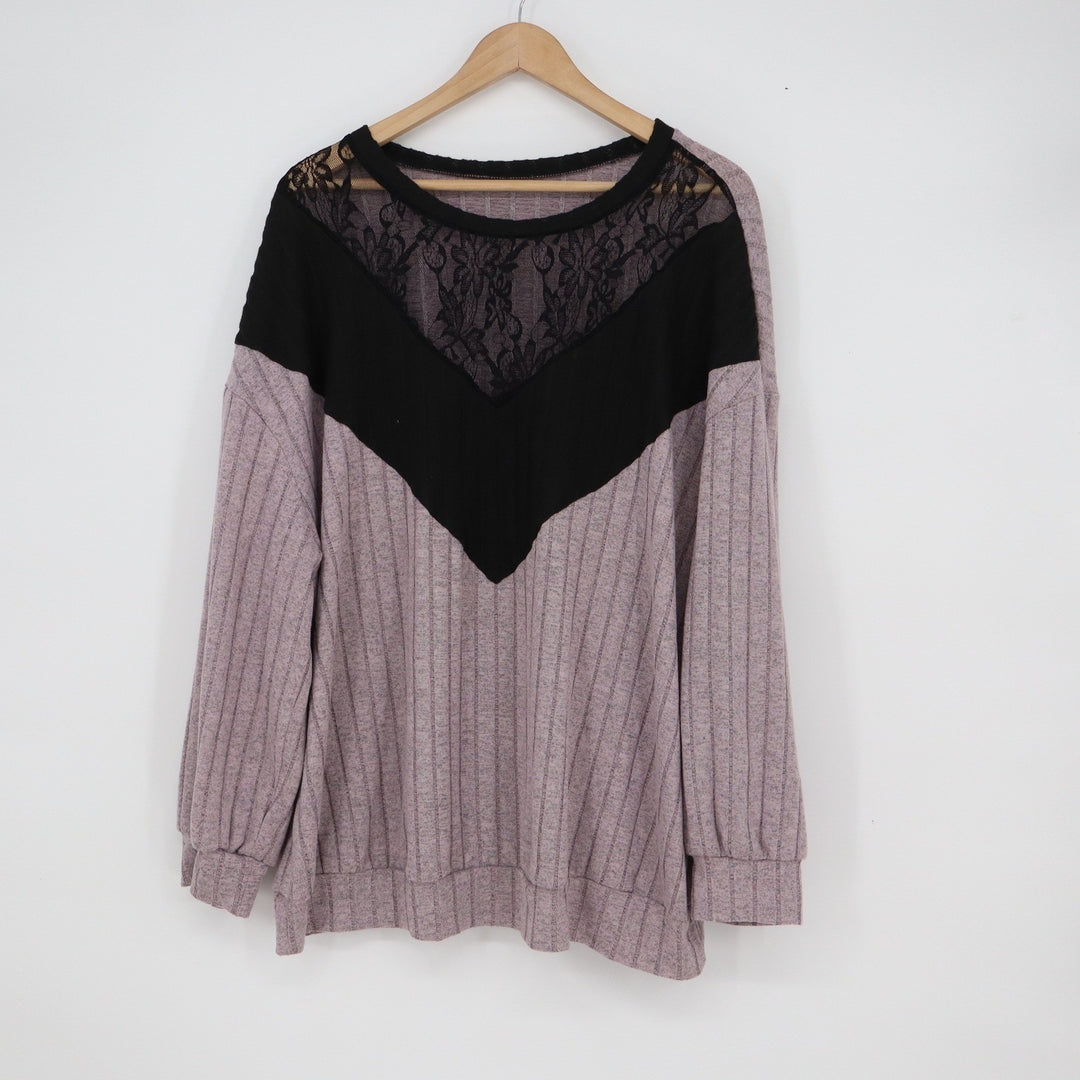 Shein Curve 3XL Mauve Purple Ribbed Knit Lace Yoke Colorblock Long Sleeve Top