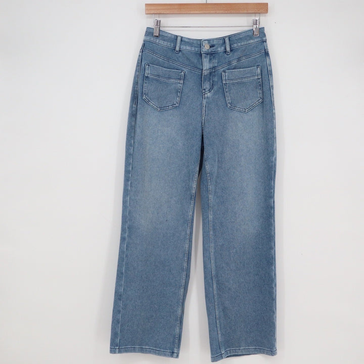 Halara Petite Wide Leg Jeans Medium Wash Blue High Rise Patch Pocket Size S