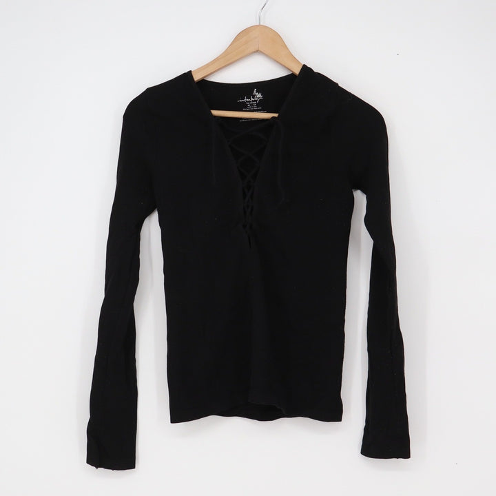 Free People Top Womens M/L Lace-Up V-Neck Black Long Sleeve Slim Fit Excellent
