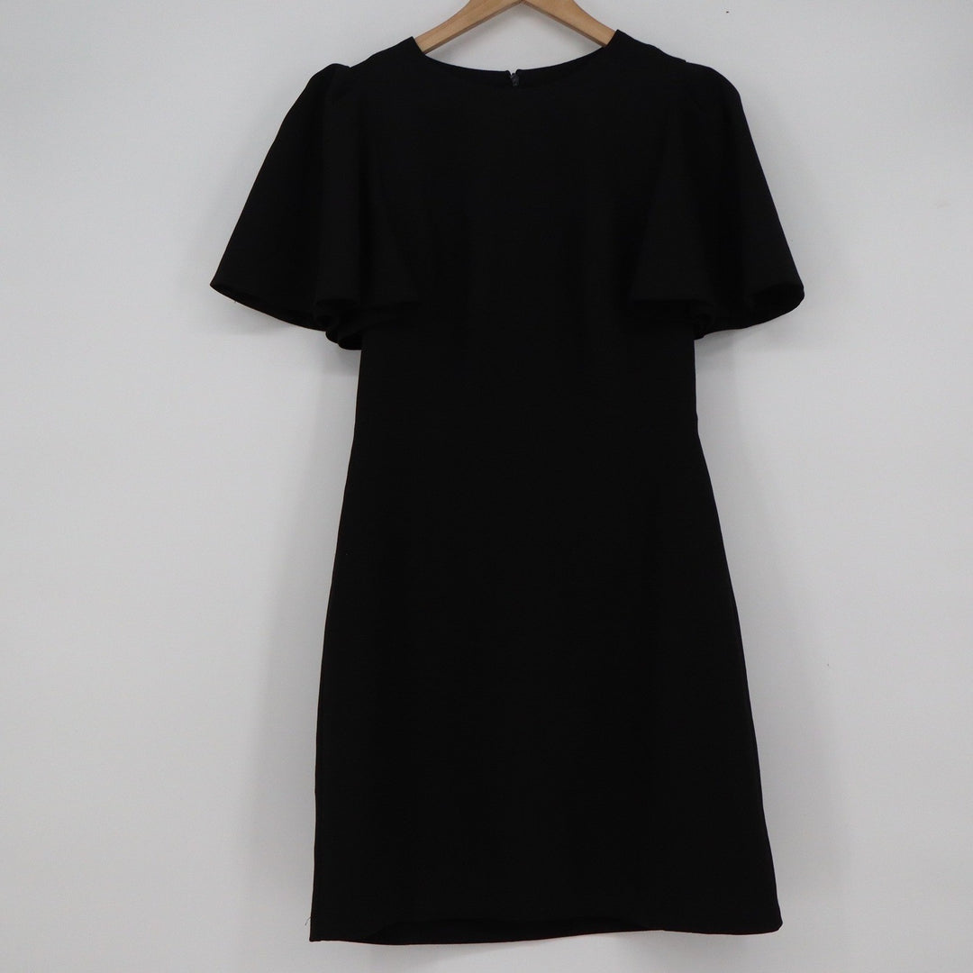 Eliza J Black Flutter Sleeve Sheath Dress Size 6 Round Neck Crepe Zip Back