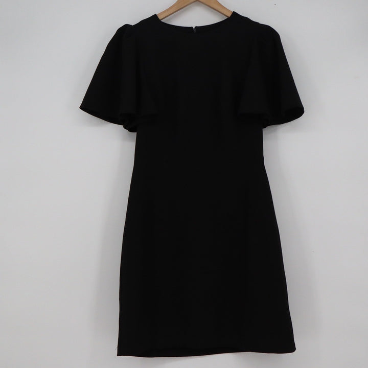 Eliza J Black Flutter Sleeve Sheath Dress Size 6 Round Neck Crepe Zip Back