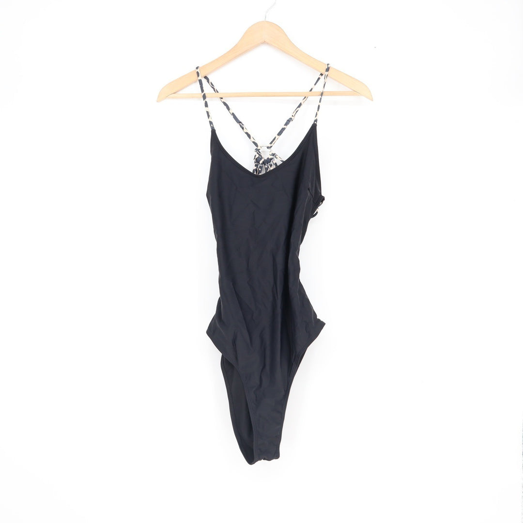 Black One Piece Swimsuit Leopard Print Straps Lace Up Back High Cut Size L