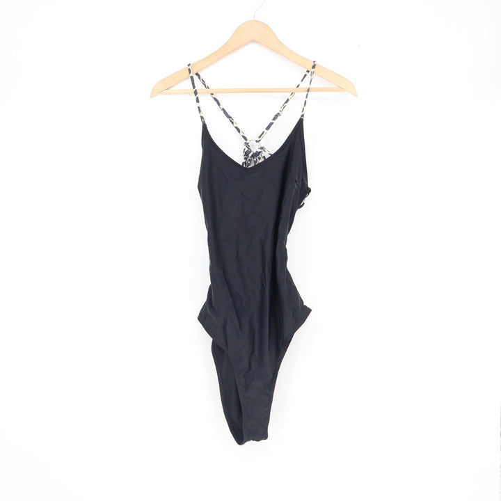 Black One Piece Swimsuit Leopard Print Straps Lace Up Back High Cut Size L