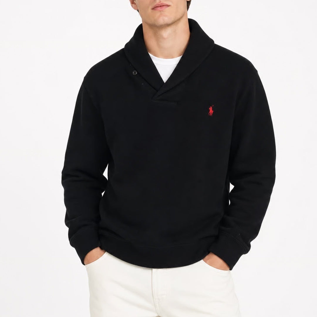 Polo Ralph Lauren Mens XXL Black Shawl Collar Button Sweatshirt Red Pony Logo
