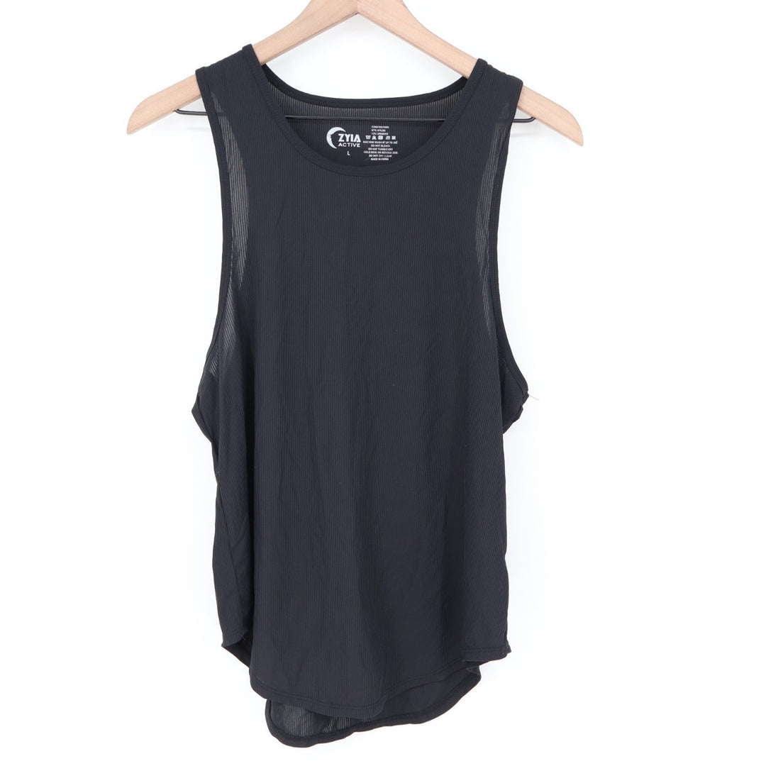 Zyia Active Composition Tank Top Women L Black Ribbed Knit Round Neck Curved Hem