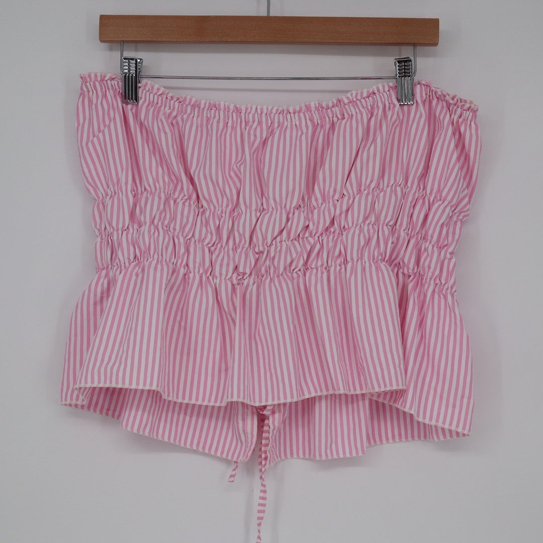 Shein Pink White Striped Smocked Tube Top Lace Up Back Peplum XL