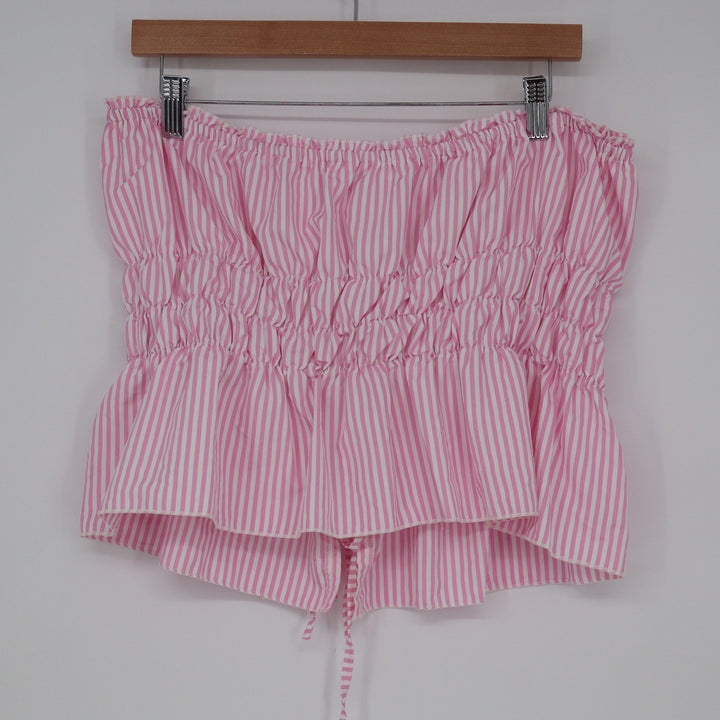 Shein Pink White Striped Smocked Tube Top Lace Up Back Peplum XL