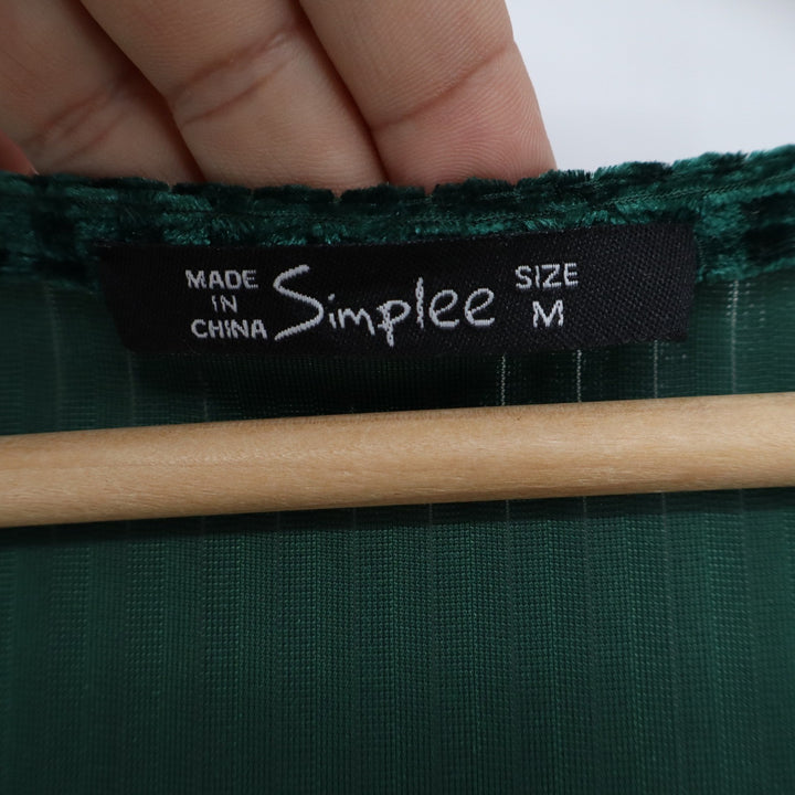 Simplee Dark Green Ribbed Velvet Wrap Dress Short Flutter Sleeve Midi Green M