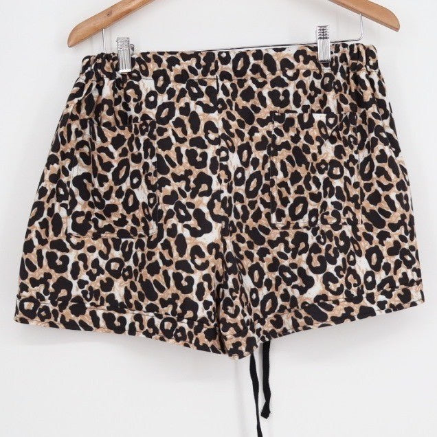 Shorts Womens Brown Black Leopard Print Elastic Drawstring Waistband Casual Wear