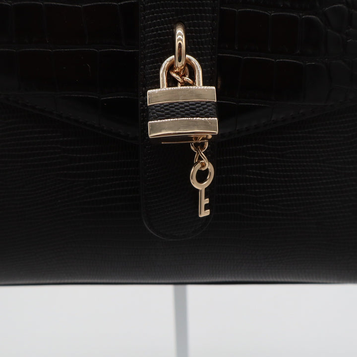 Aldo Black Croc Lizard Embossed Top Handle Satchel Bag Gold Padlock Detail