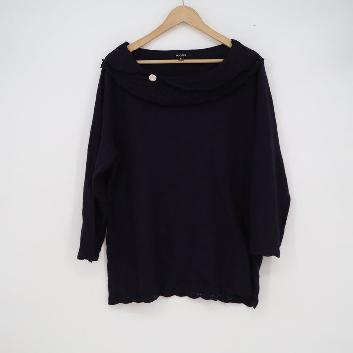 Briggs Womens XL Black Cowl Neck Sweater Button Accent Scalloped Hem Pullover