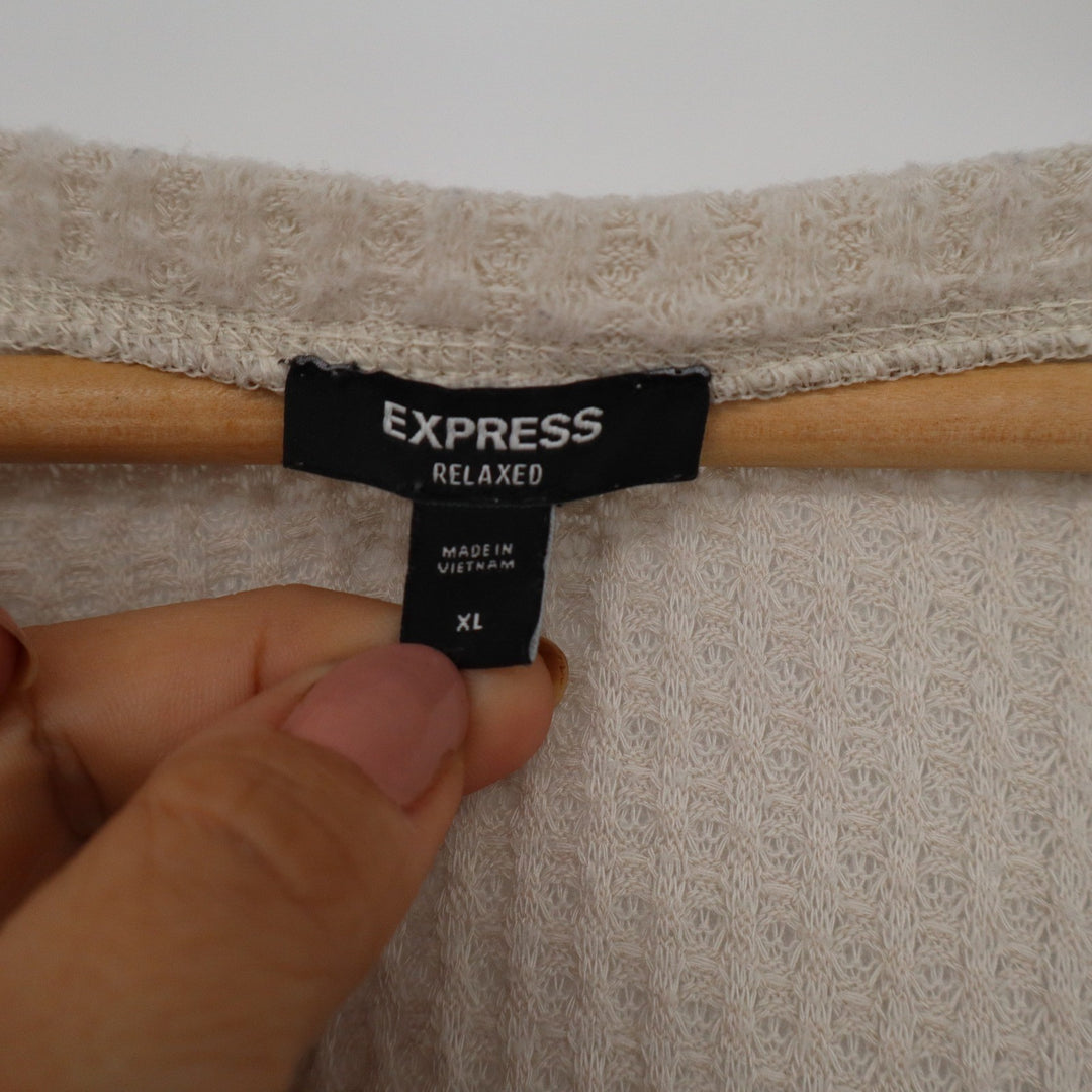 Express Relaxed Waffle Knit V-Neck Batwing Sleeve Top Beige XL
