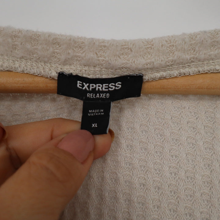 Express Relaxed Waffle Knit V-Neck Batwing Sleeve Top Beige XL
