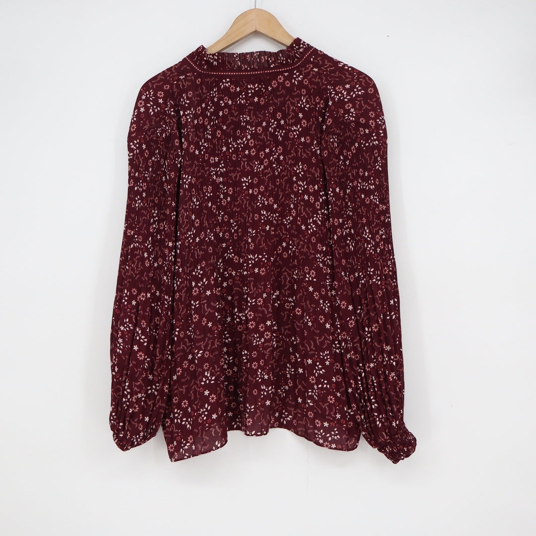 Max Studio Burgundy Floral Smocked Mock Neck Tie Blouse Large