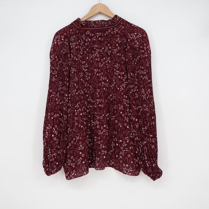 Max Studio Burgundy Floral Smocked Mock Neck Tie Blouse Large