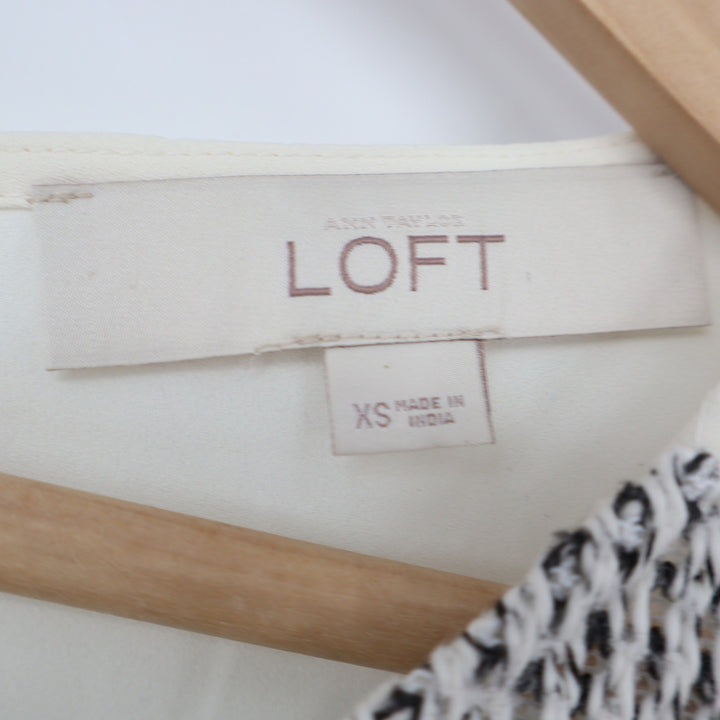 Loft Womens XS Blouse Ivory Black Textured Mixed Media Long Sleeve Zip Back