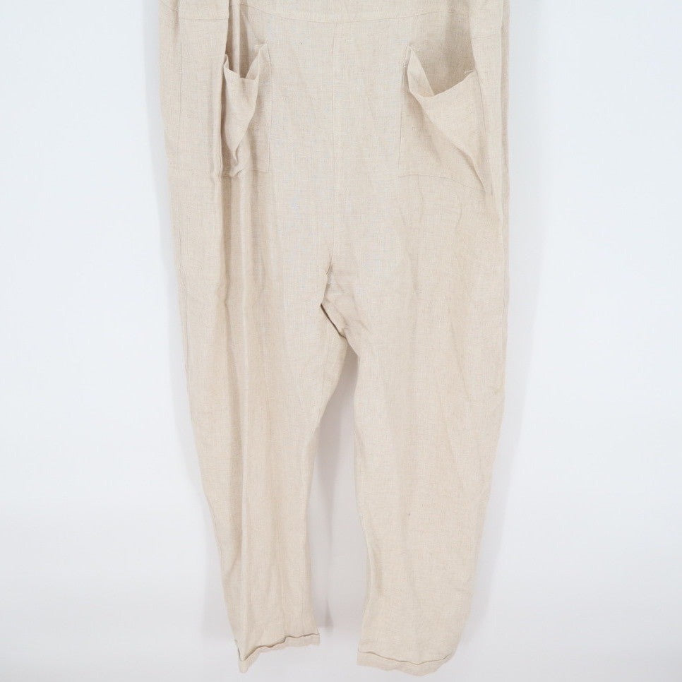 Umgee USA Linen Blend Overalls Jumpsuit Beige Tan Cropped Pants Size L