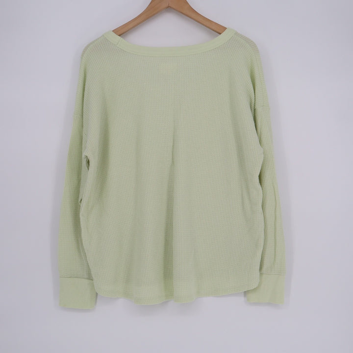 Lou & Grey T-Shirt Women Large Lime Green Stretch Waffle Knit V-Neck Long Sleeve