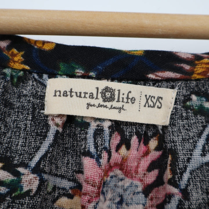 Natural Life Mini Dress Womens XS/S Black Floral Cotton Pleated Frayed Trim