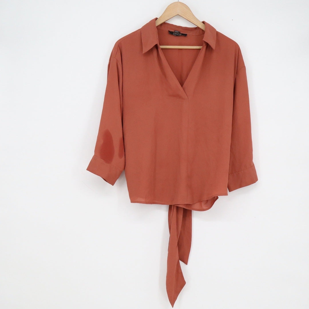 Forever 21 Contemporary Rust Terracotta Tie Back V-Neck 3/4 Sleeve Blouse Large