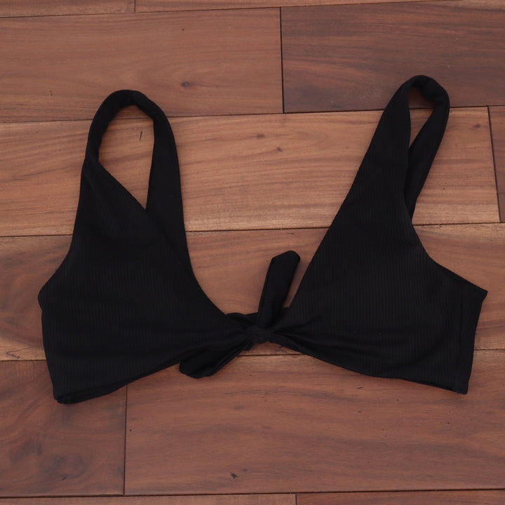 No Boundaries Black Ribbed Front Tie Bikini Top Size Large 11-13 NOBO Swim