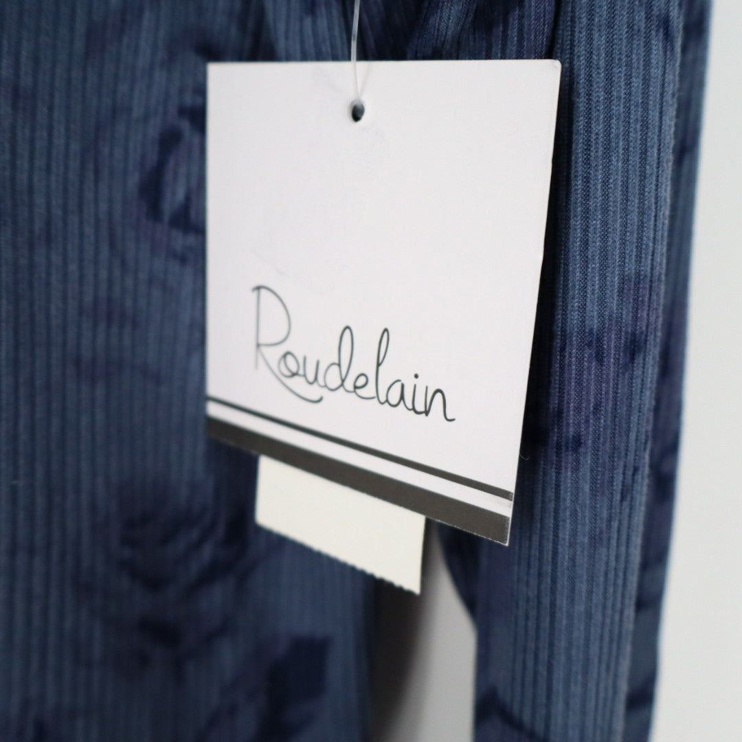 Roudelain Pajama Shirt Womens Large Blue Floral Ribbed Stretch Lapel Collar