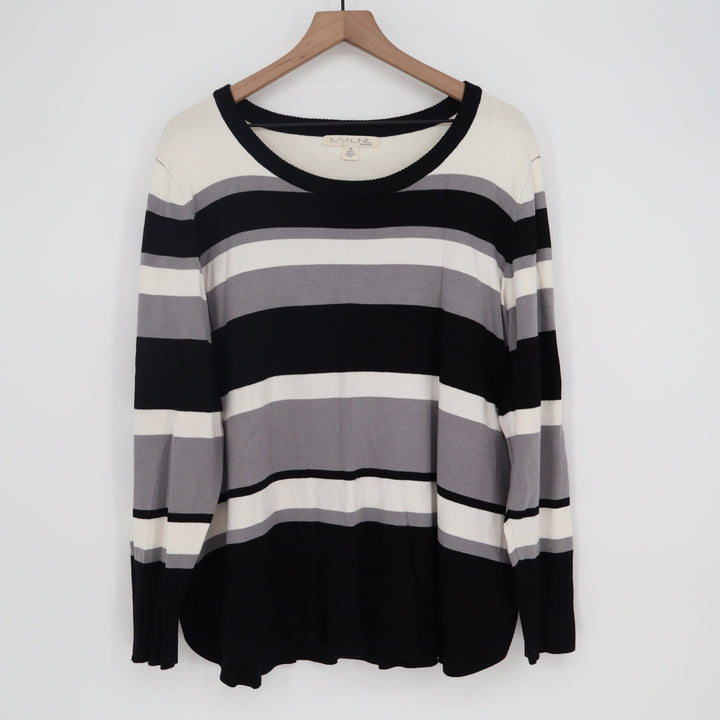 Emaline Sweater Womens 2X Pullover Black White Gray Striped Long Sleeve
