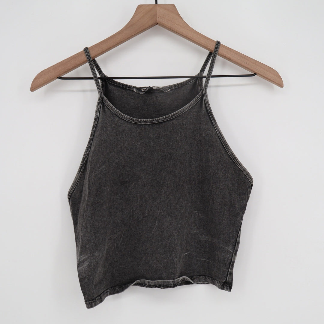 Billabong Womens M Washed Black Mineral Wash High Neck Halter Crop Tank Top