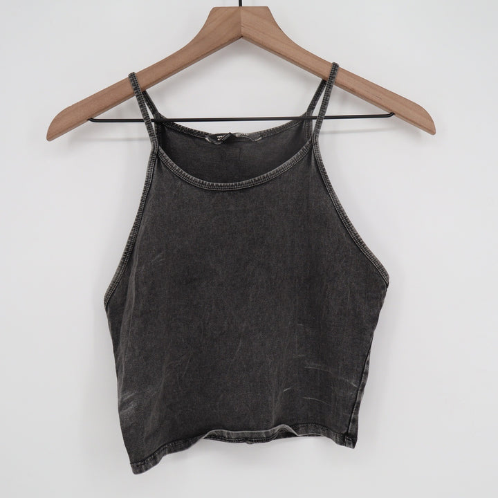 Billabong Womens M Washed Black Mineral Wash High Neck Halter Crop Tank Top