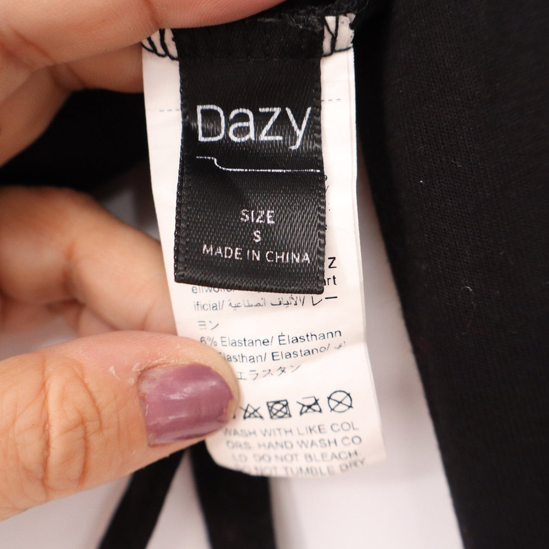 Dazy Womens Black Long Sleeve Strappy Cutout Crop Top Size S Solid Crew Neck