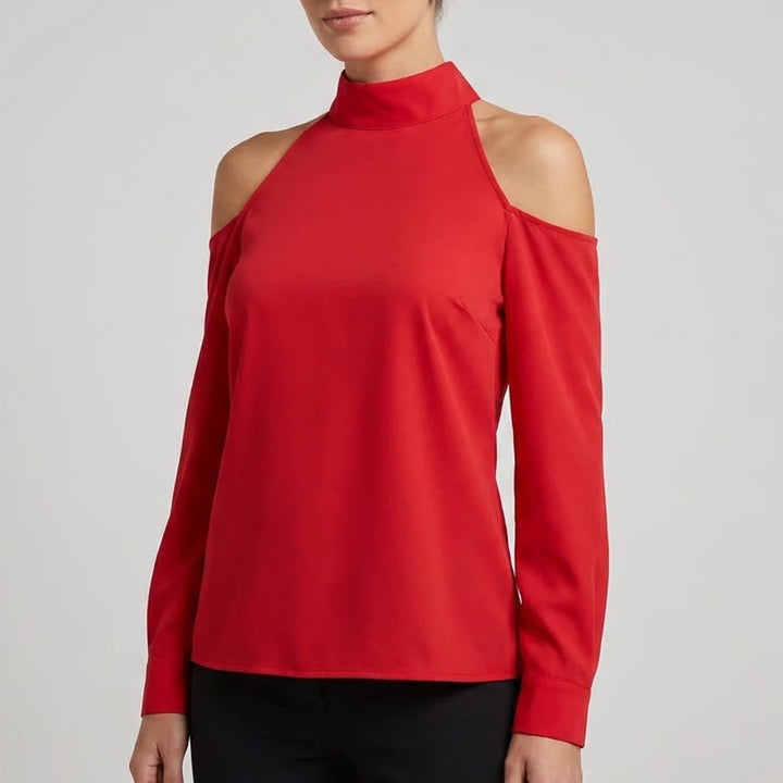 SHEIN Red Cold Shoulder Tie Neck Halter Blouse Long Sleeve Top Large