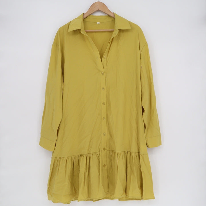 Fashion Mustard Yellow Ruffle Drop Waist Button Down Shirt Dress Large