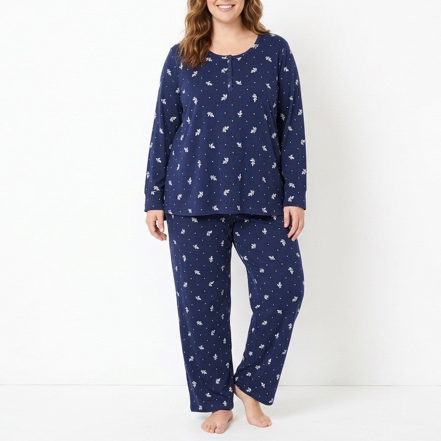 Charter Club Intimates 2-PC Pajamas Set Women XL Blue Floral Stretch Henley Neck