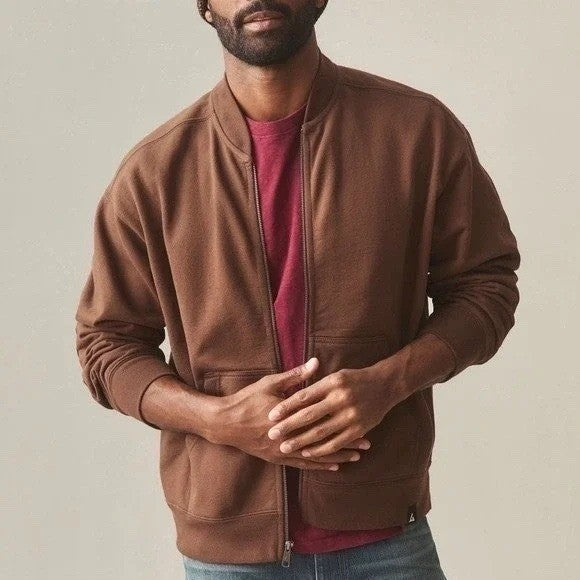 American Giant Bomber Jacket Mens L Brown Full Zip Cotton Fleece Lined Ribbed