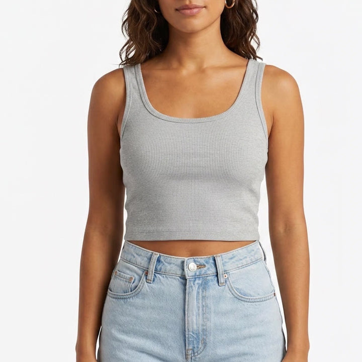 OQQ Womens Ribbed Seamless Crop Tank Top Light Grey Athletic Scoop Neck Large