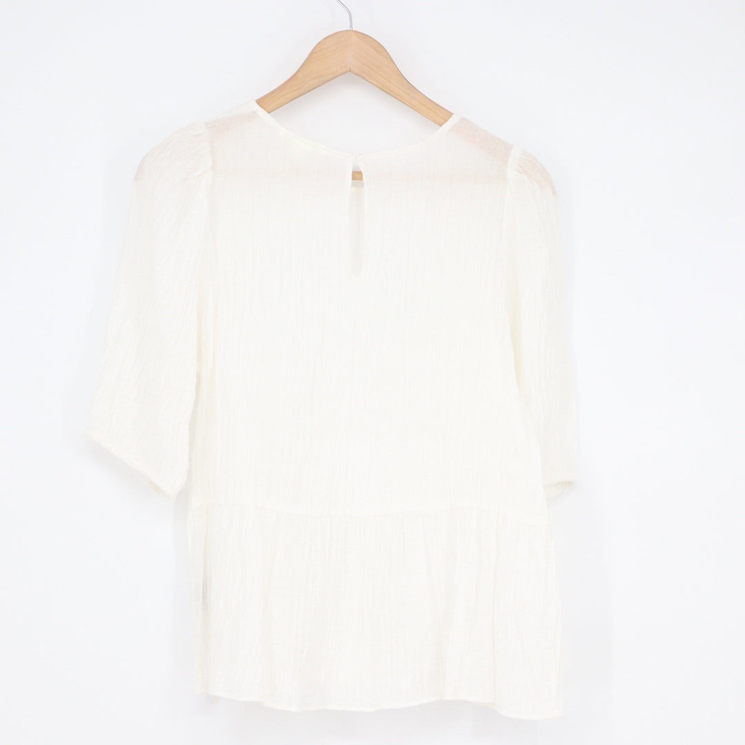 HM White Crinkled Peplum Puff Sleeve Blouse Medium 3 Keyhole Back