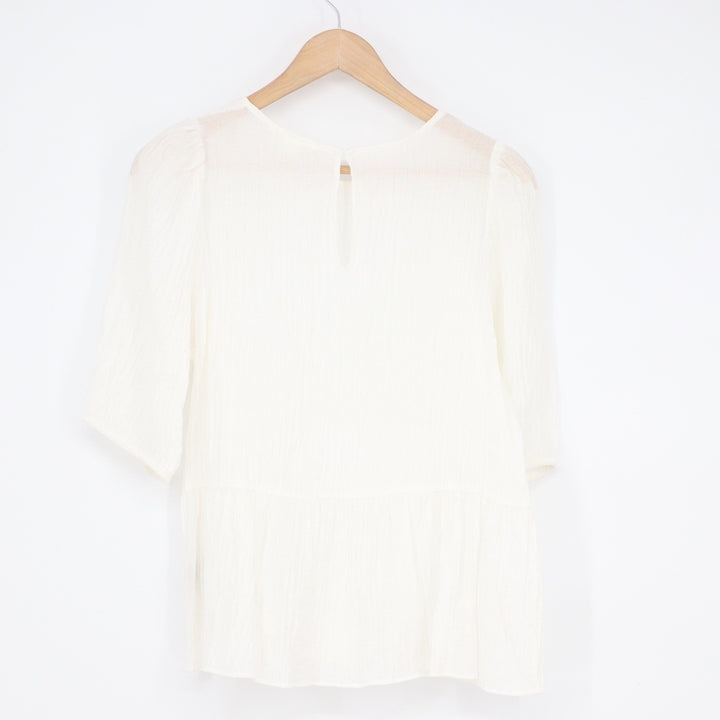 HM White Crinkled Peplum Puff Sleeve Blouse Medium 3 Keyhole Back
