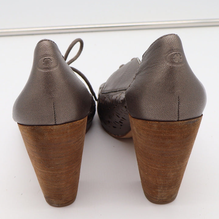 Lucky Brand Peony Metallic Pewter Leather Peep Toe Block Heel Booties 9.5