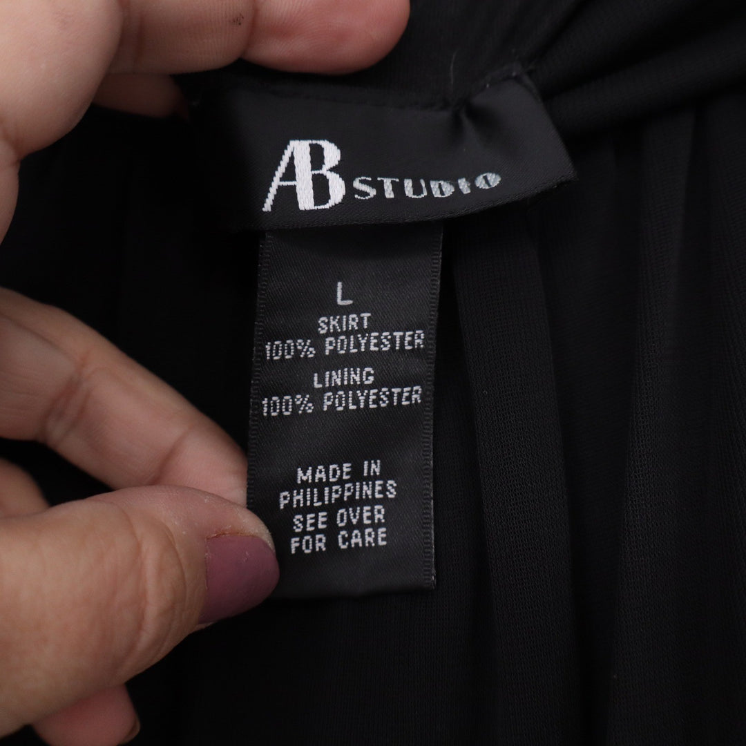 AB Studio Womens Black Tiered Mesh Maxi Skirt Fold Over Waist Size L