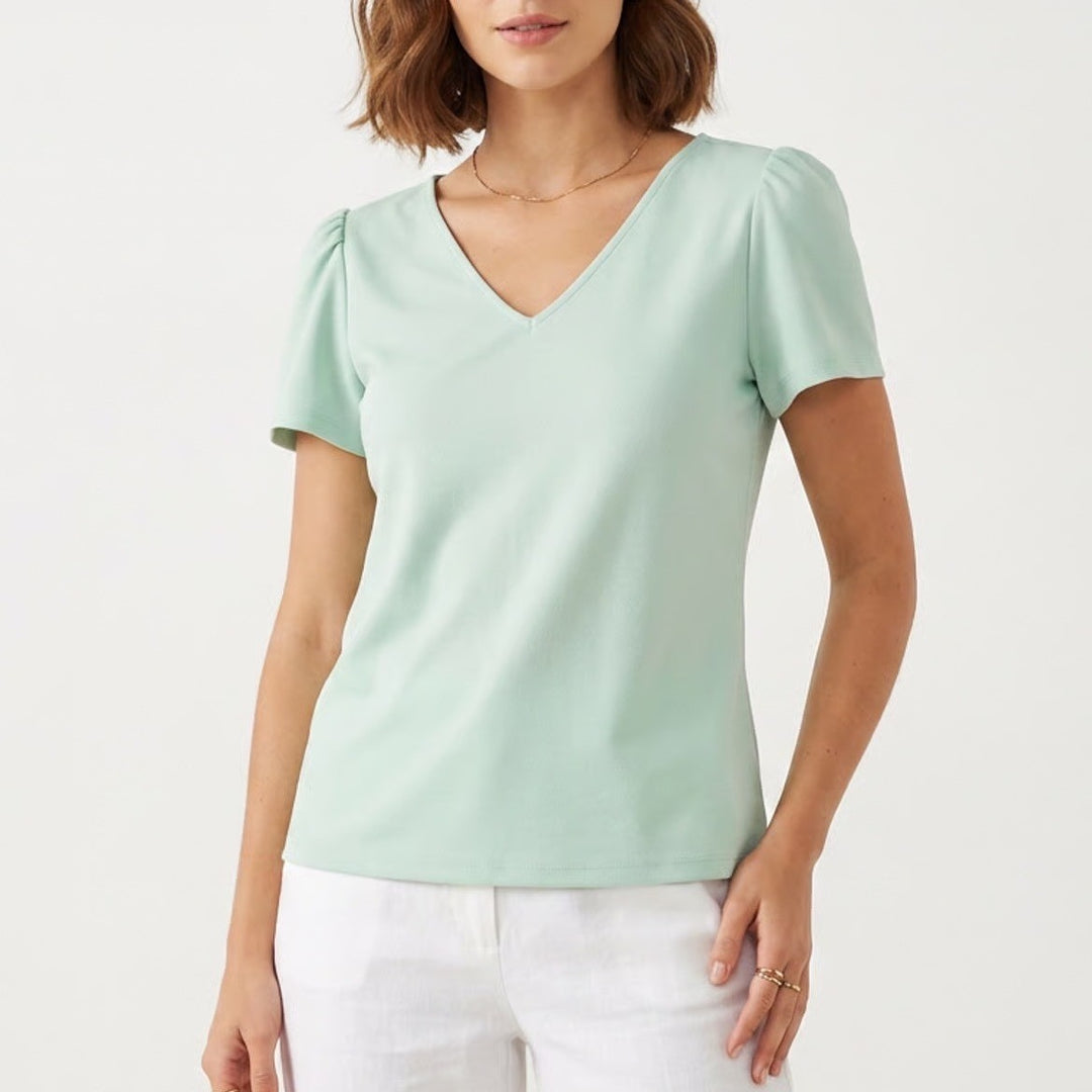 Ann Taylor Petite Mint Green V-Neck Puff Short Sleeve Blouse Top LP