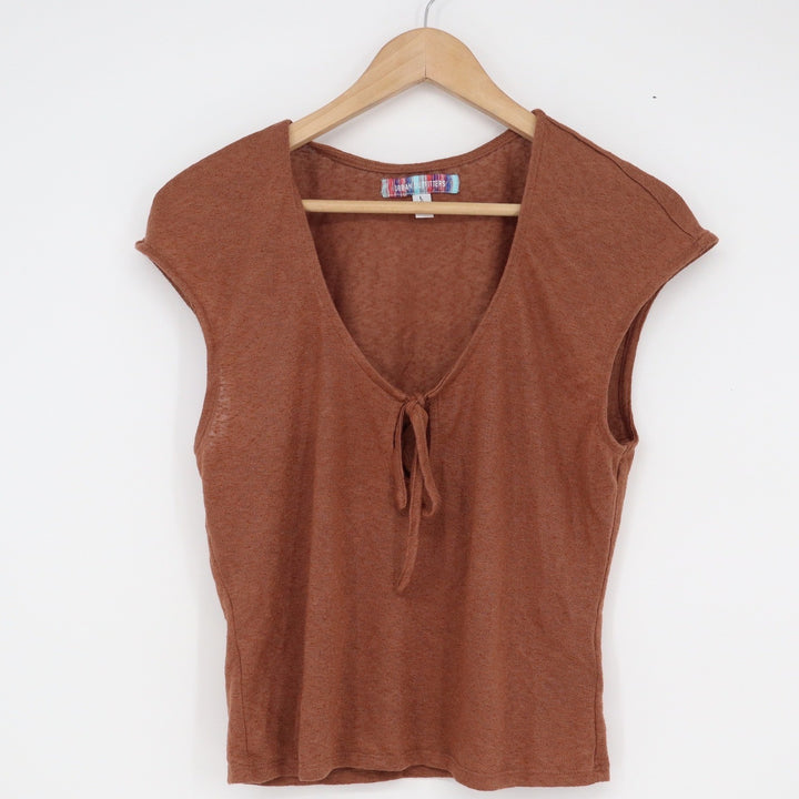 Urban Outfitters Rust Brown Front Tie V-Neck Cap Sleeve Knit Top Large