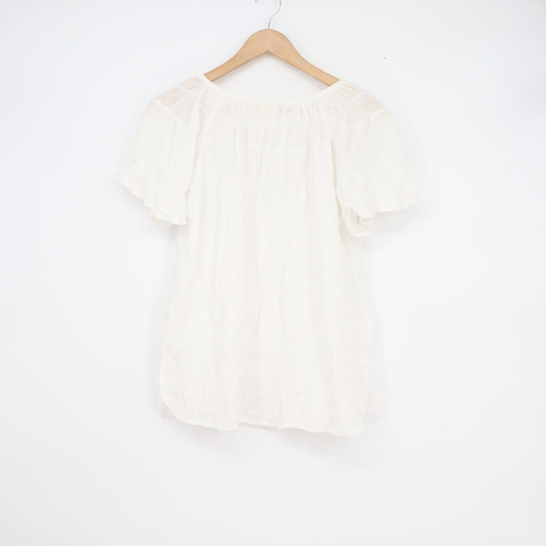 Max Studio White V-Neck Peasant Blouse Short Flutter Sleeve Gauze Top L