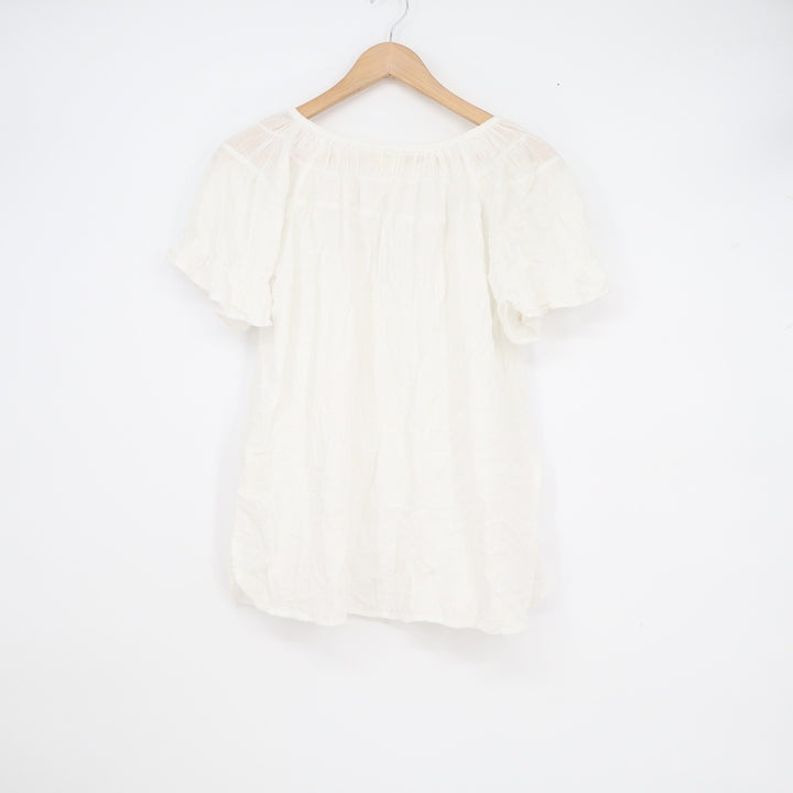 Max Studio White V-Neck Peasant Blouse Short Flutter Sleeve Gauze Top L