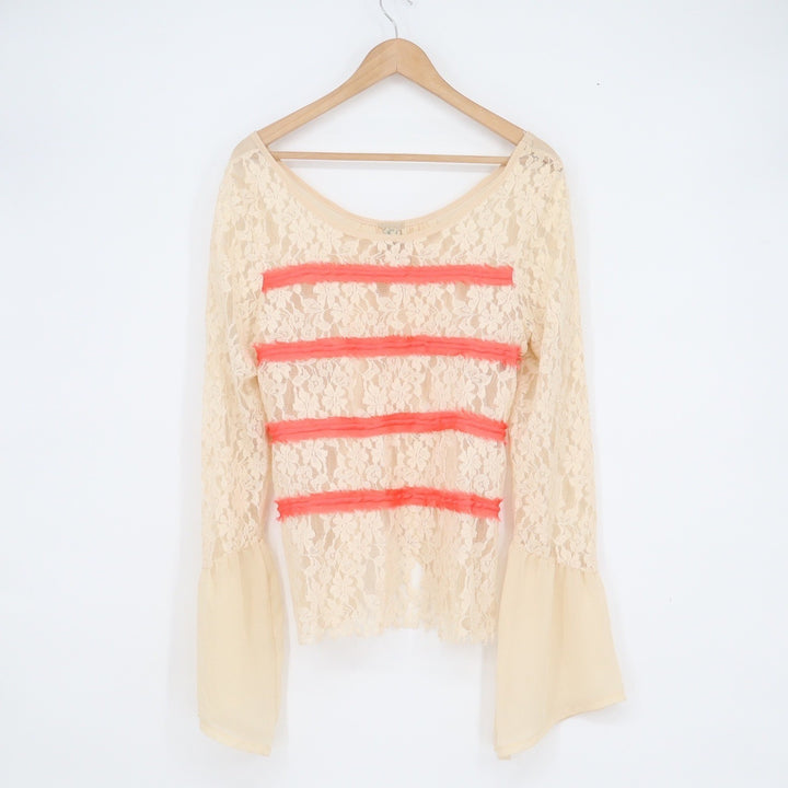 Gimmicks by BKE Cream Floral Lace Coral Ruffle Bell Sleeve Split Back Top L