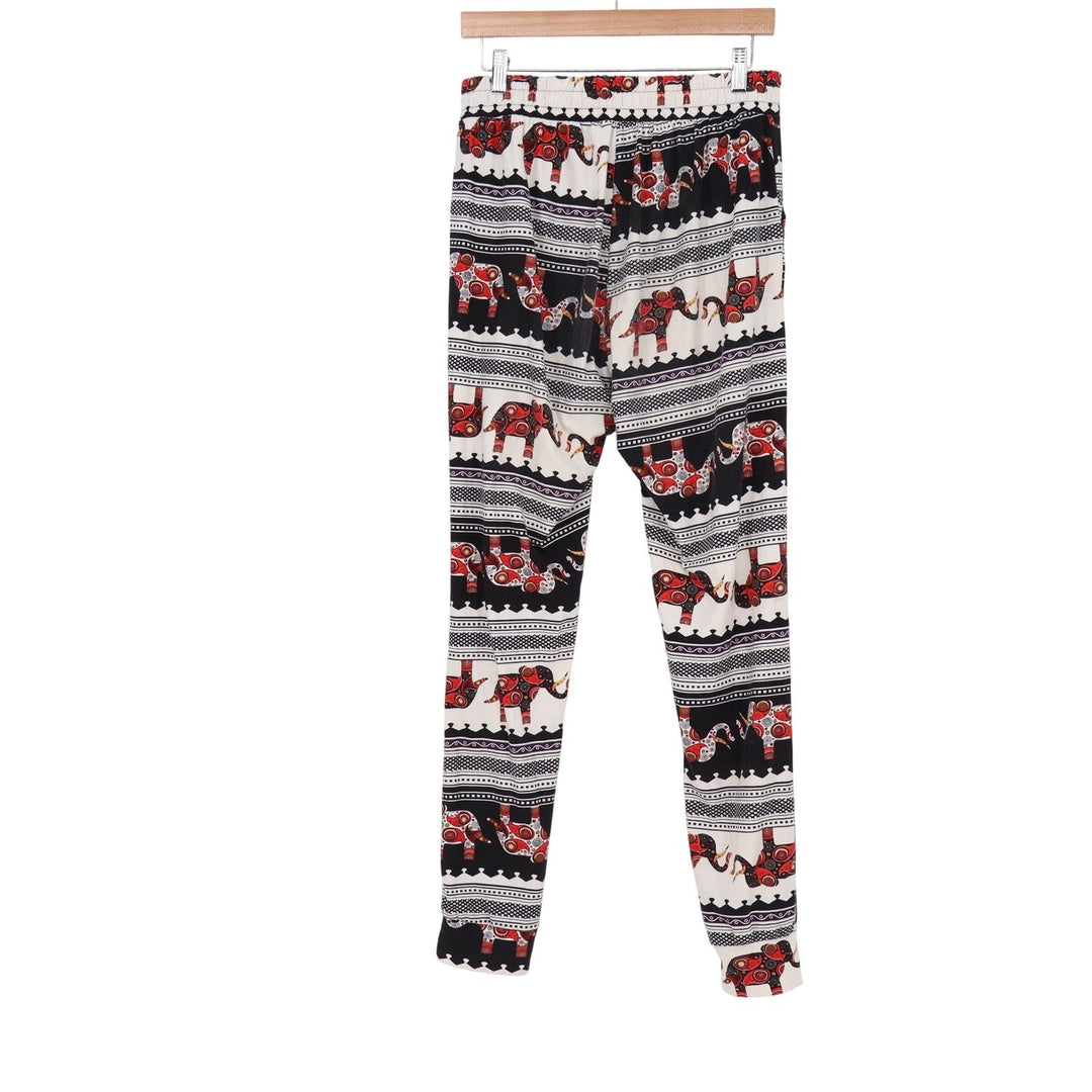 Elephant Print Boho Jogger Pants Red Black White Tribal Harem Yoga Trousers M