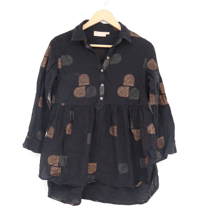 Utsa Womens Small Black Cotton Geometric Block Print Babydoll Tunic Top Shirt