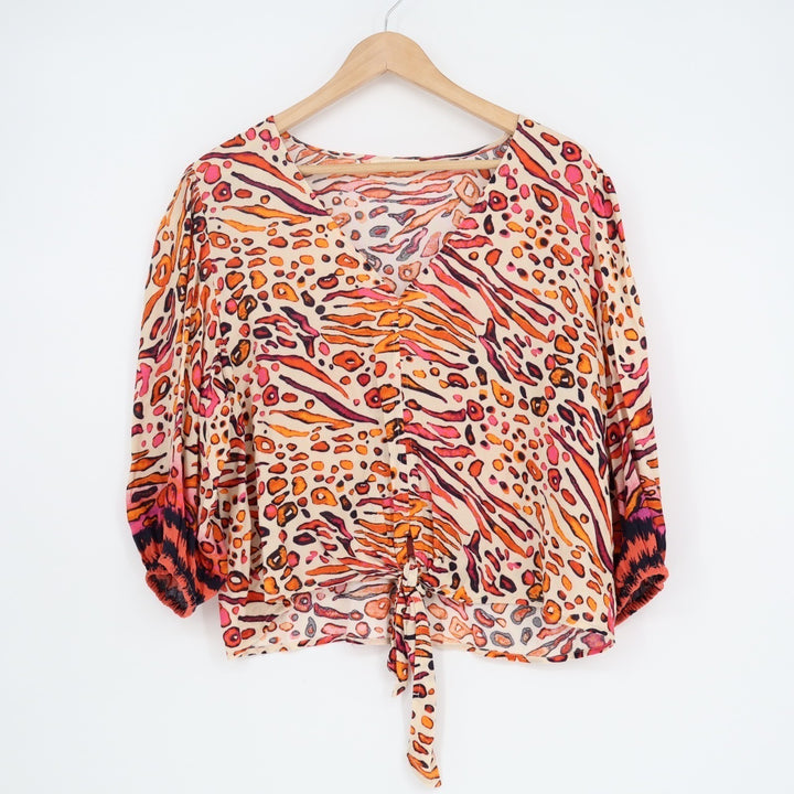 Lovestitch Gemma Crop Top Womens Medium Multi Tie Front Leopard Print V-Neck