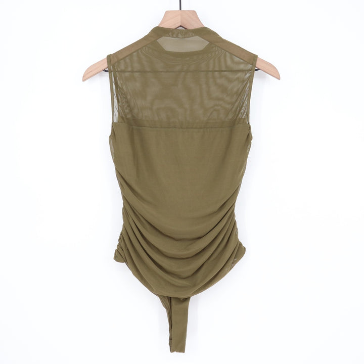 Avidlove One Piece Bodysuit Womens L Olive Green Stretch Sheer Ruched Mock Neck
