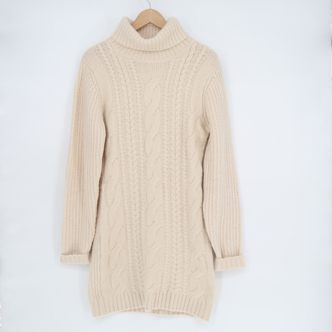 Lulus Cozy Vision Mini Sweater Dress Womens Medium Beige Cable Knit Turtle Neck