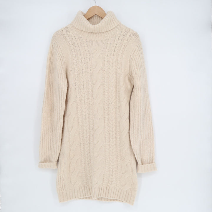 Lulus Cozy Vision Mini Sweater Dress Womens Medium Beige Cable Knit Turtle Neck